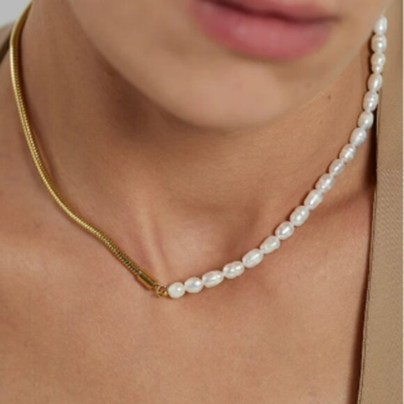 Stainless Steel Natural Pearl Chain Necklace 18k Plated Collar Golden - Picture 3 of 3